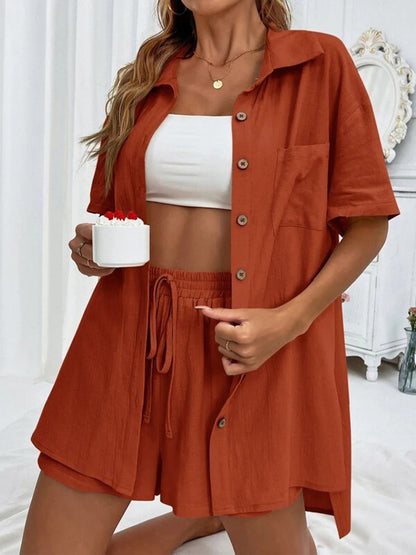 Button Up Shirt and Drawstring Shorts Set