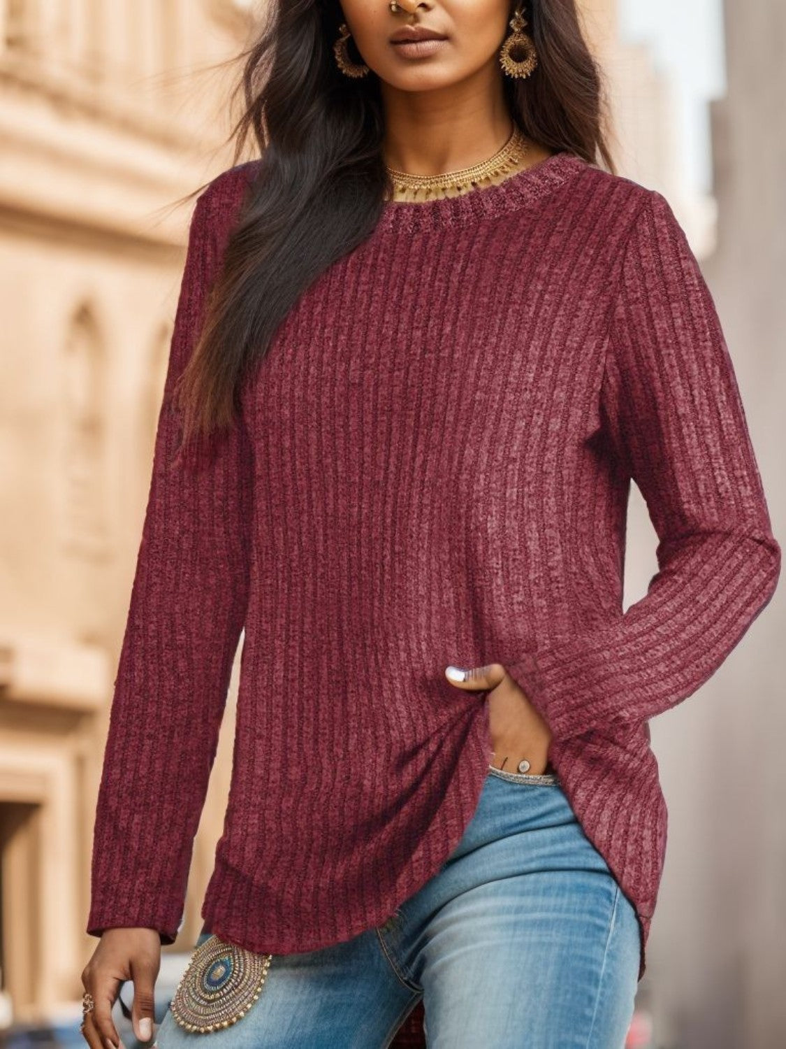 Ribbed Round Neck Long Sleeve Blouse 