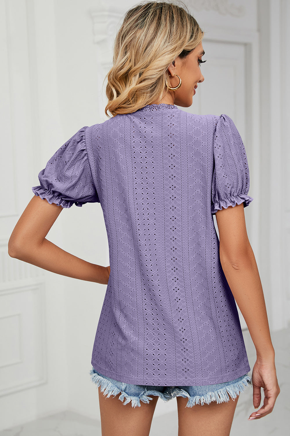 Eyelet V-Neck Short Sleeve Top