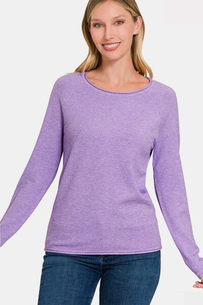 Zenana Rolled Round Neck Long Sleeve Sweater 