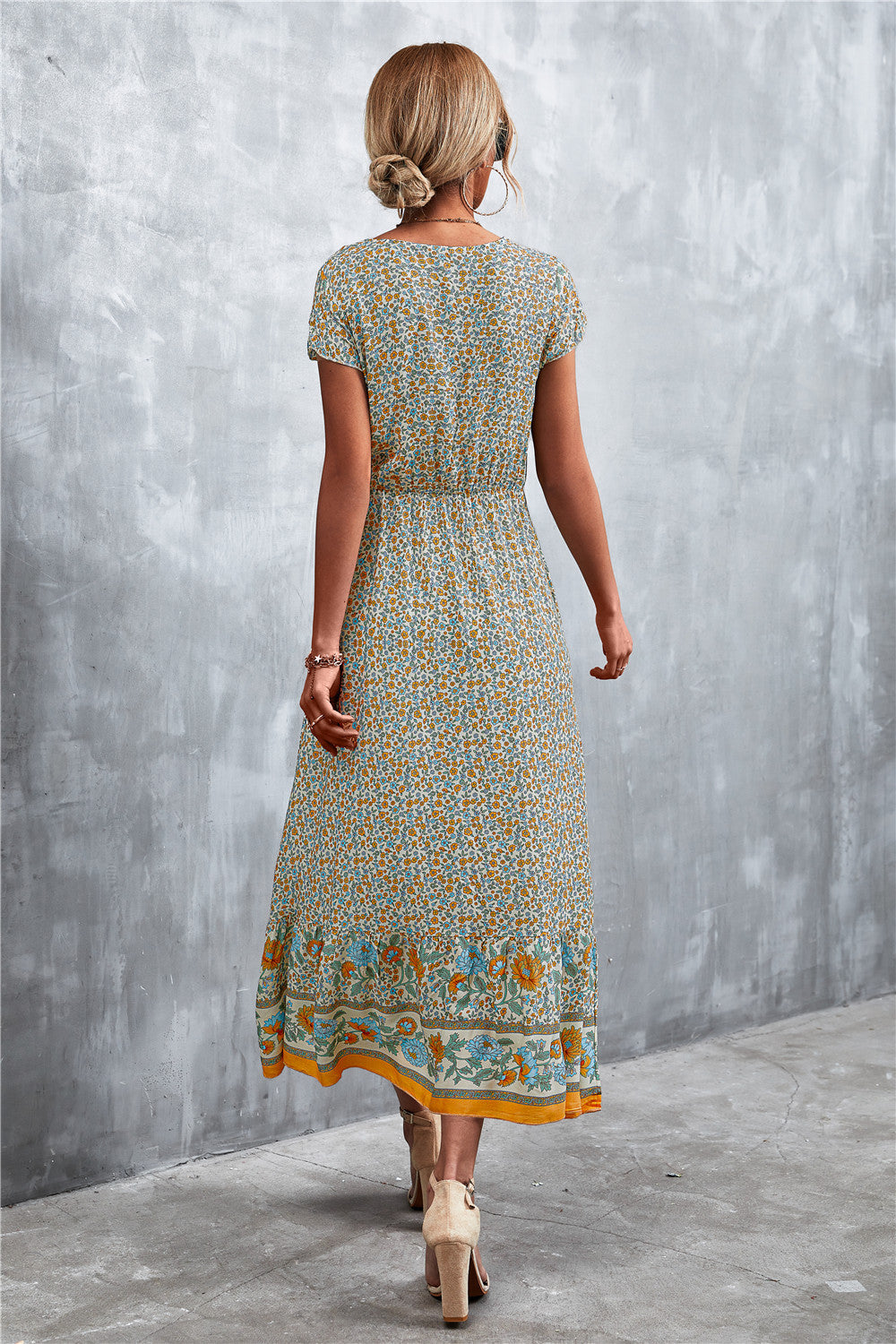 V-Neck Short Sleeve Printed Maxi Dress 