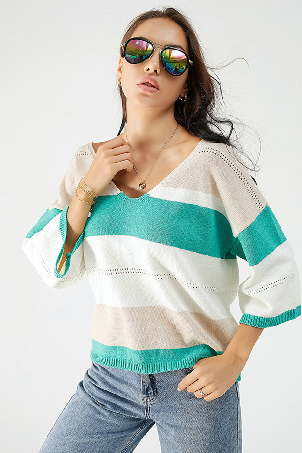 Color Block V-Neck Dropped Shoulder Sweater