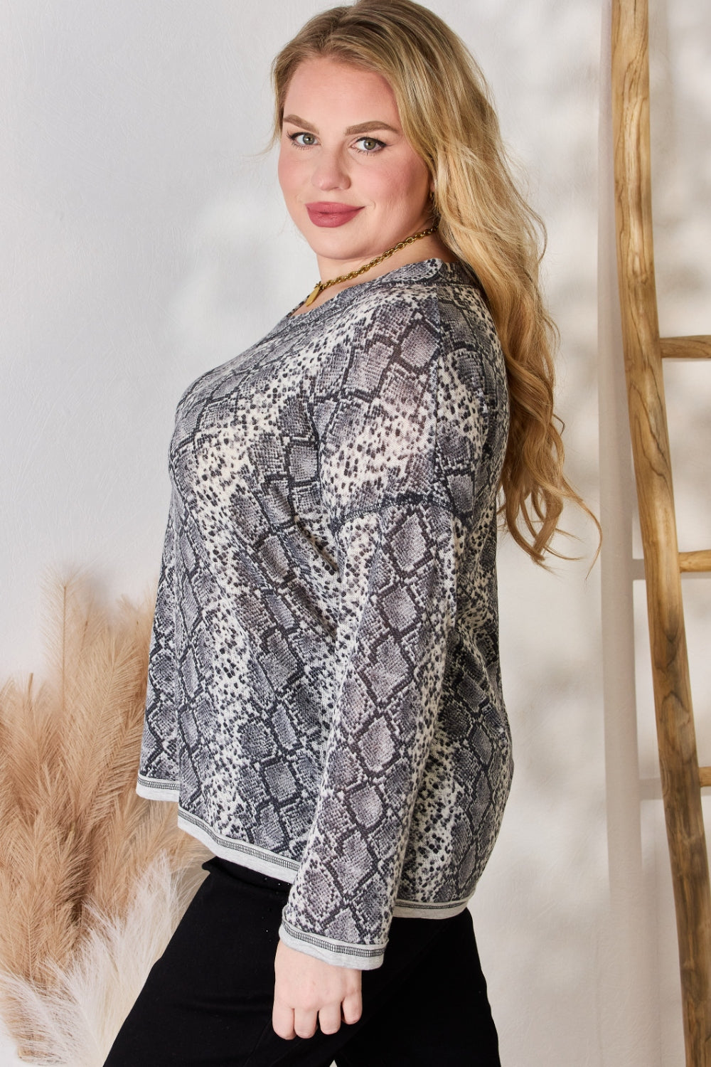 Hailey & Co Full Size Snakeskin V-Neck Long Sleeve Top 