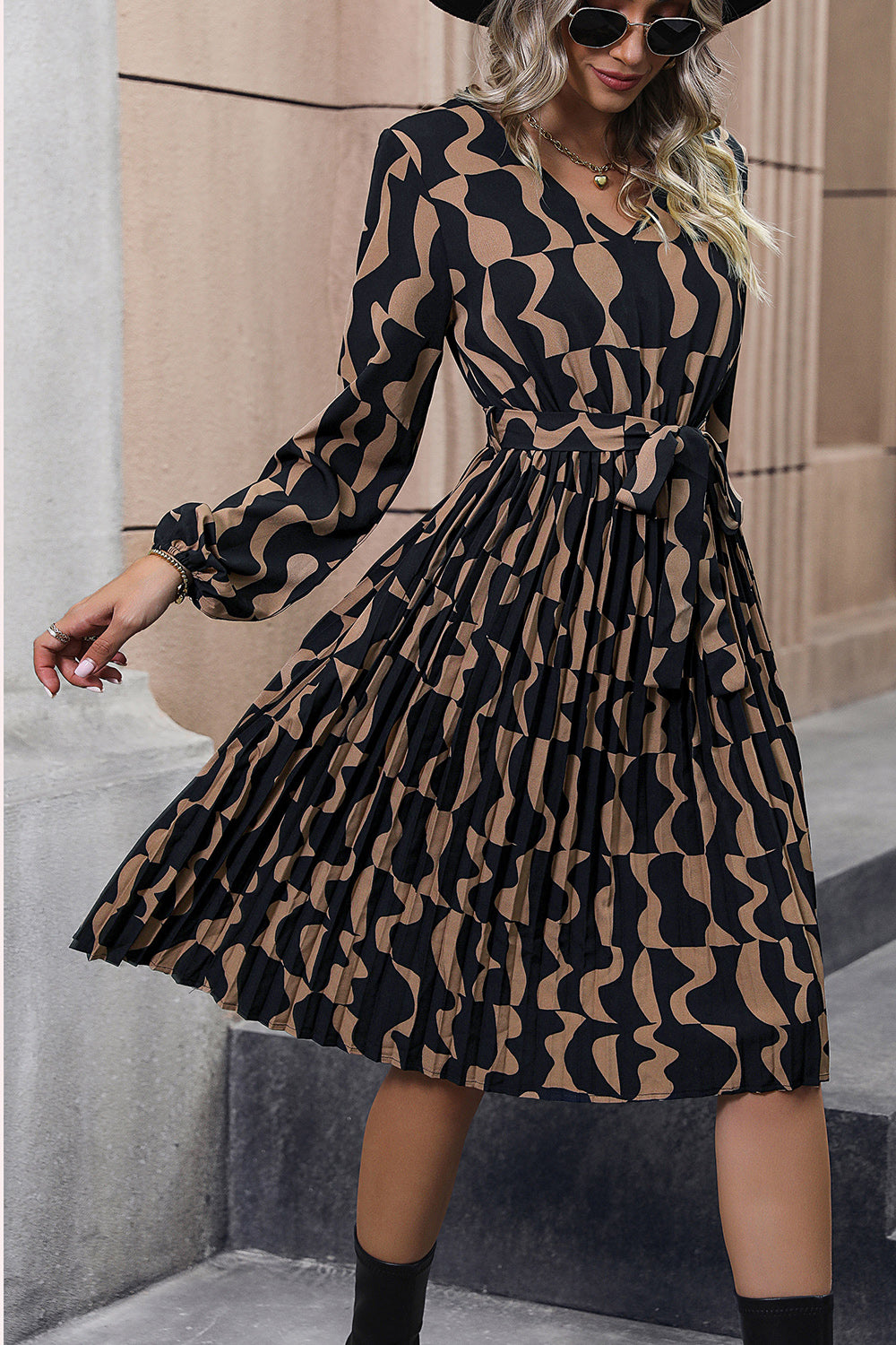 Lace Trim Long Sleeve Tie Waist Dress 