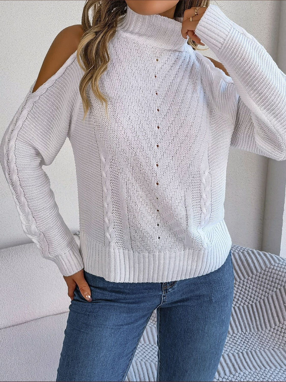 Cable-Knit Turtleneck Cold Shoulder Sweater 