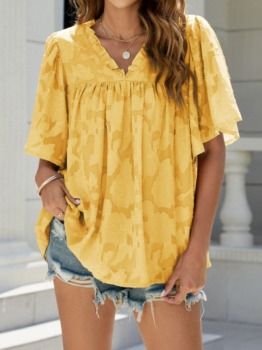 Frill V-Neck Half Sleeve Blouse - Babbazon Camisole