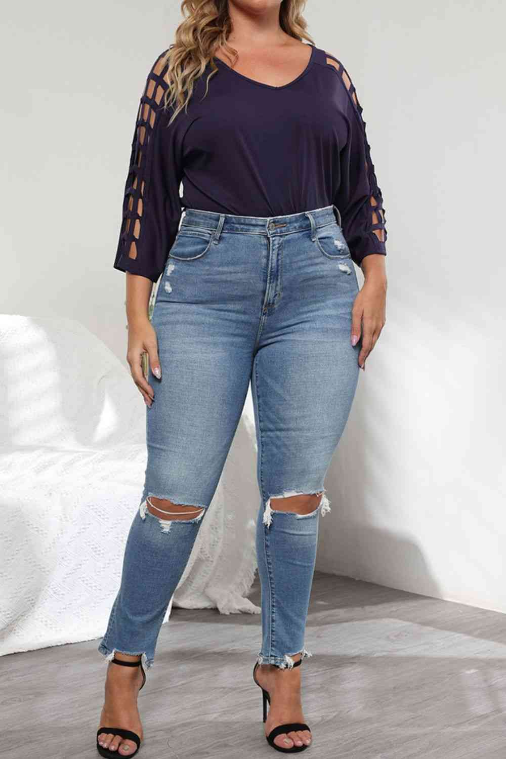 Plus Size Cutout Three-Quarter Sleeve Blouse 