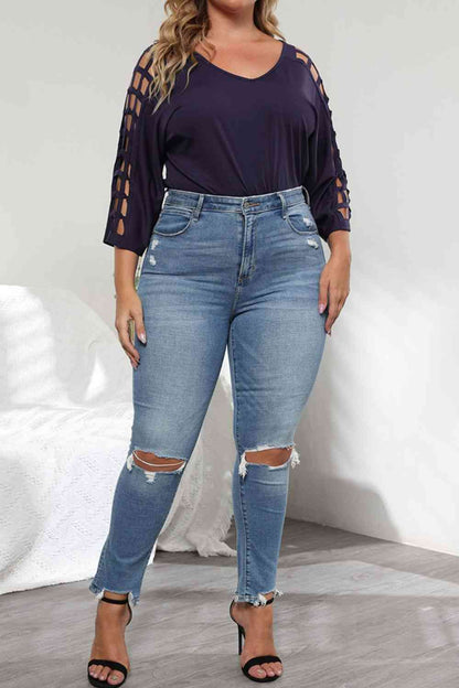 Plus Size Cutout Three-Quarter Sleeve Blouse 