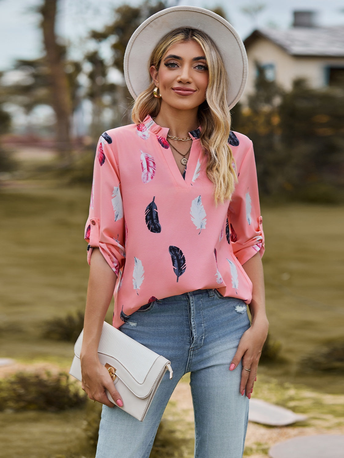 Printed Frill Notched Roll-Tab Sleeve Blouse 