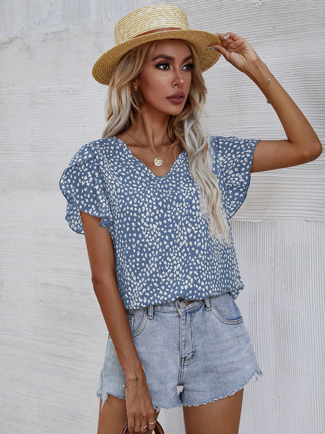 Printed V-Neck Petal Sleeve Blouse 