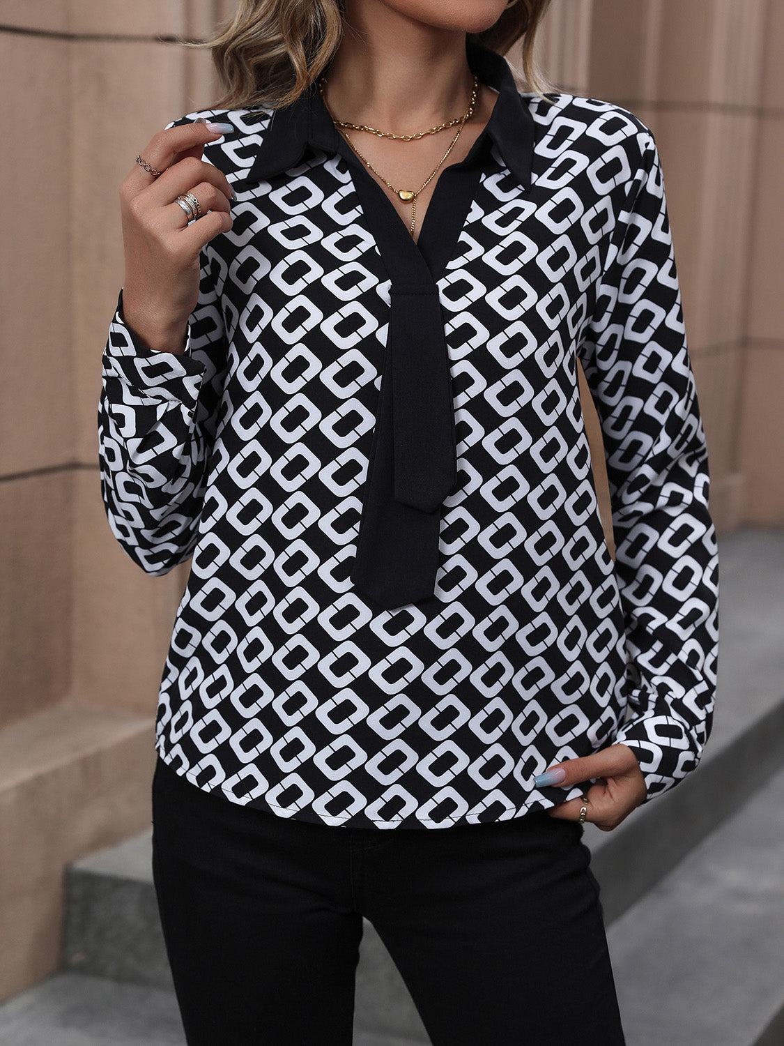 Printed Collared Neck Long Sleeve Shirt 