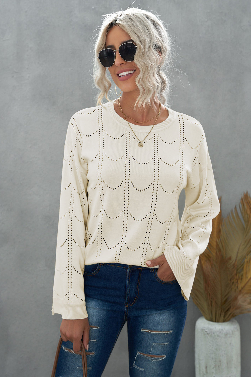 Openwork Flare Sleeve Pullover Sweater 