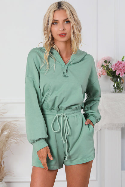 Drawstring Waist Hooded Romper with Pockets 