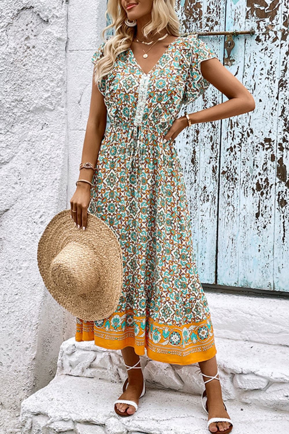 Bohemian V-Neck Flutter Sleeve Dress 