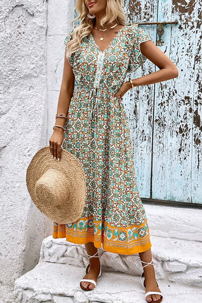 Bohemian V-Neck Flutter Sleeve Dress 