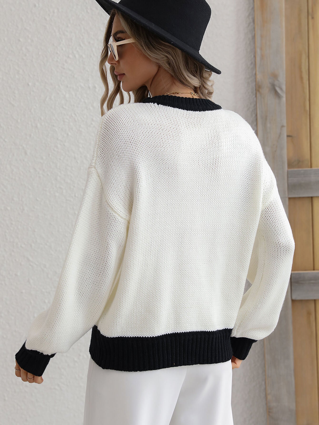 Contrast Trim Drop Shoulder Pullover Sweater 