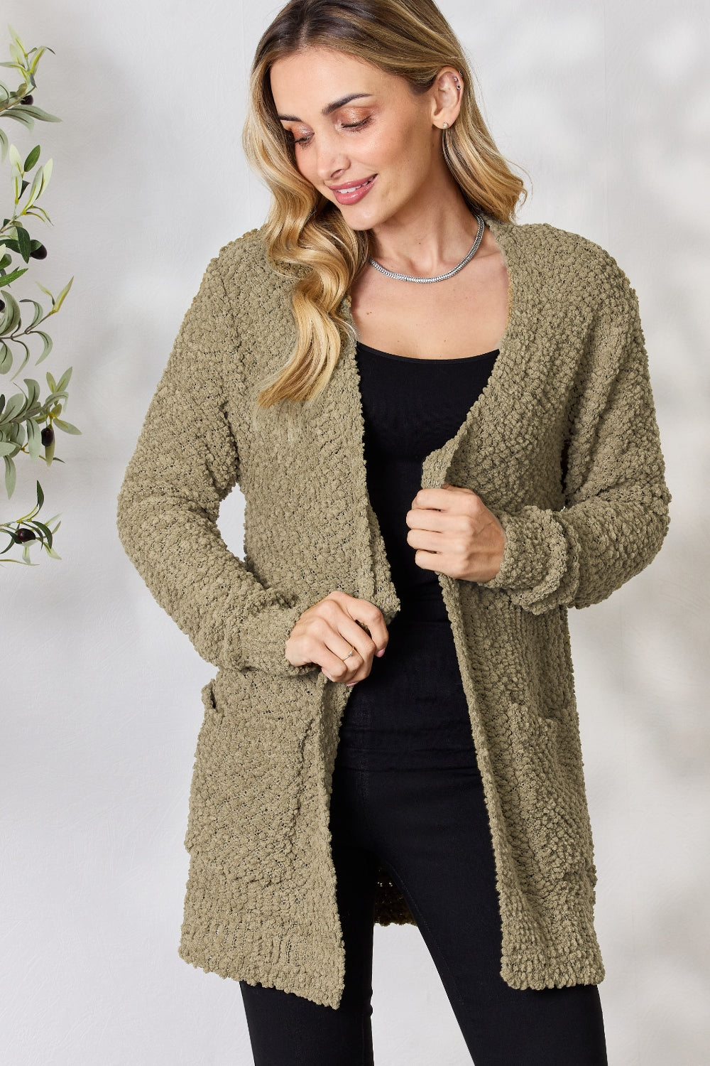 Zenana Falling For You Full Size Open Front Popcorn Cardigan 