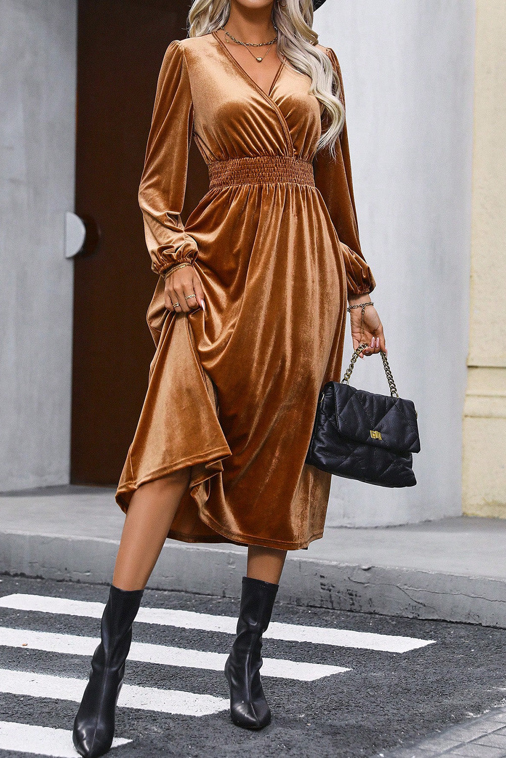 Surplice Balloon Sleeve Smocked Midi Dress 