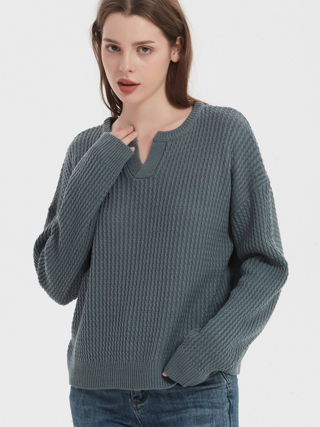 Notched Dropped Shoulder Sweater 