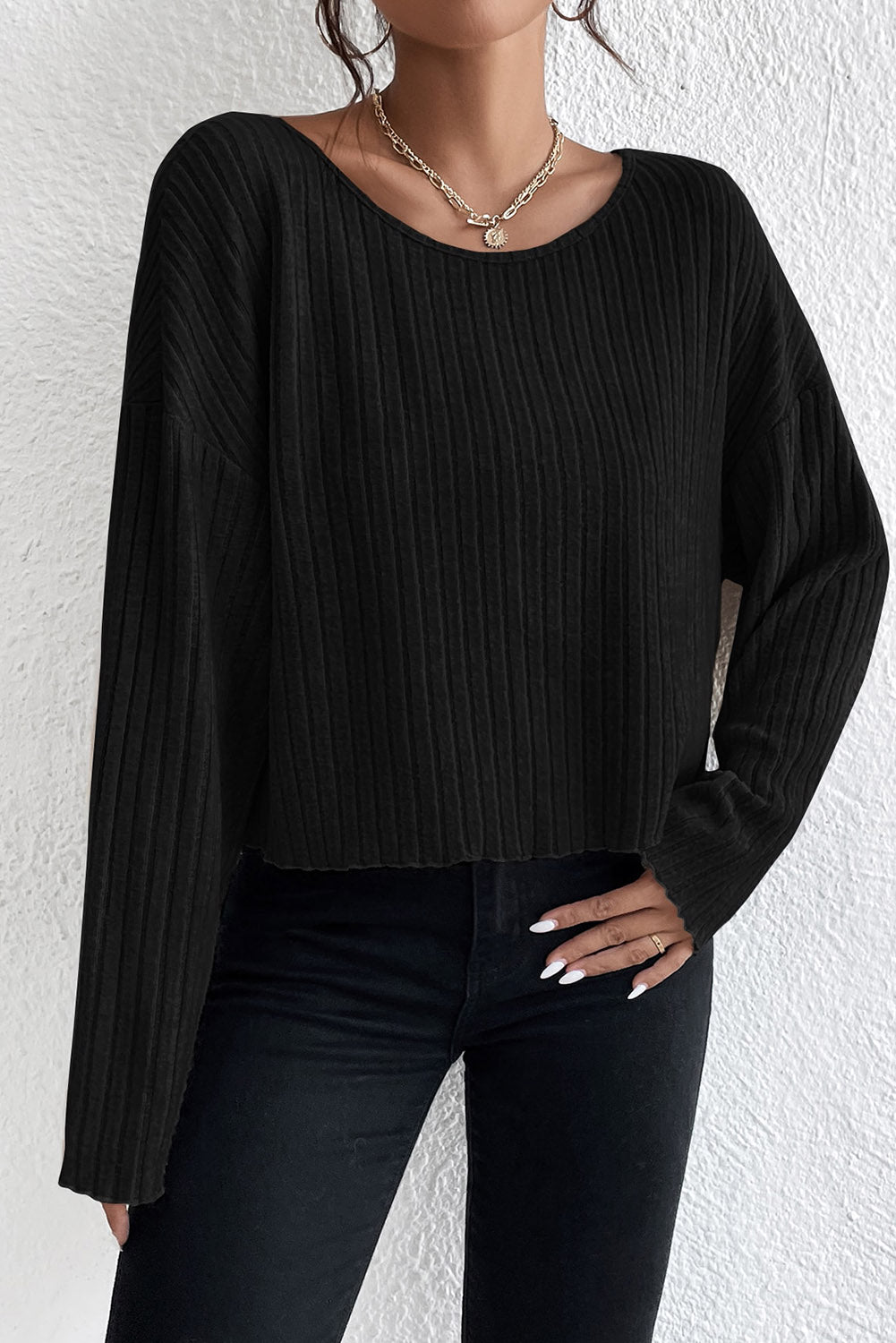 Ribbed Round Neck Drop Shoulder Long Sleeve Top - Babbazon Tops