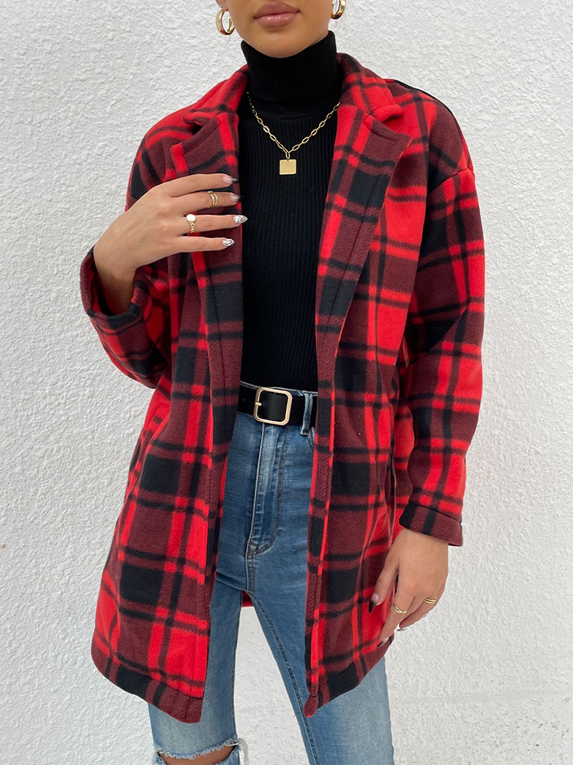 Plaid Lapel Collar Coat with Pockets 