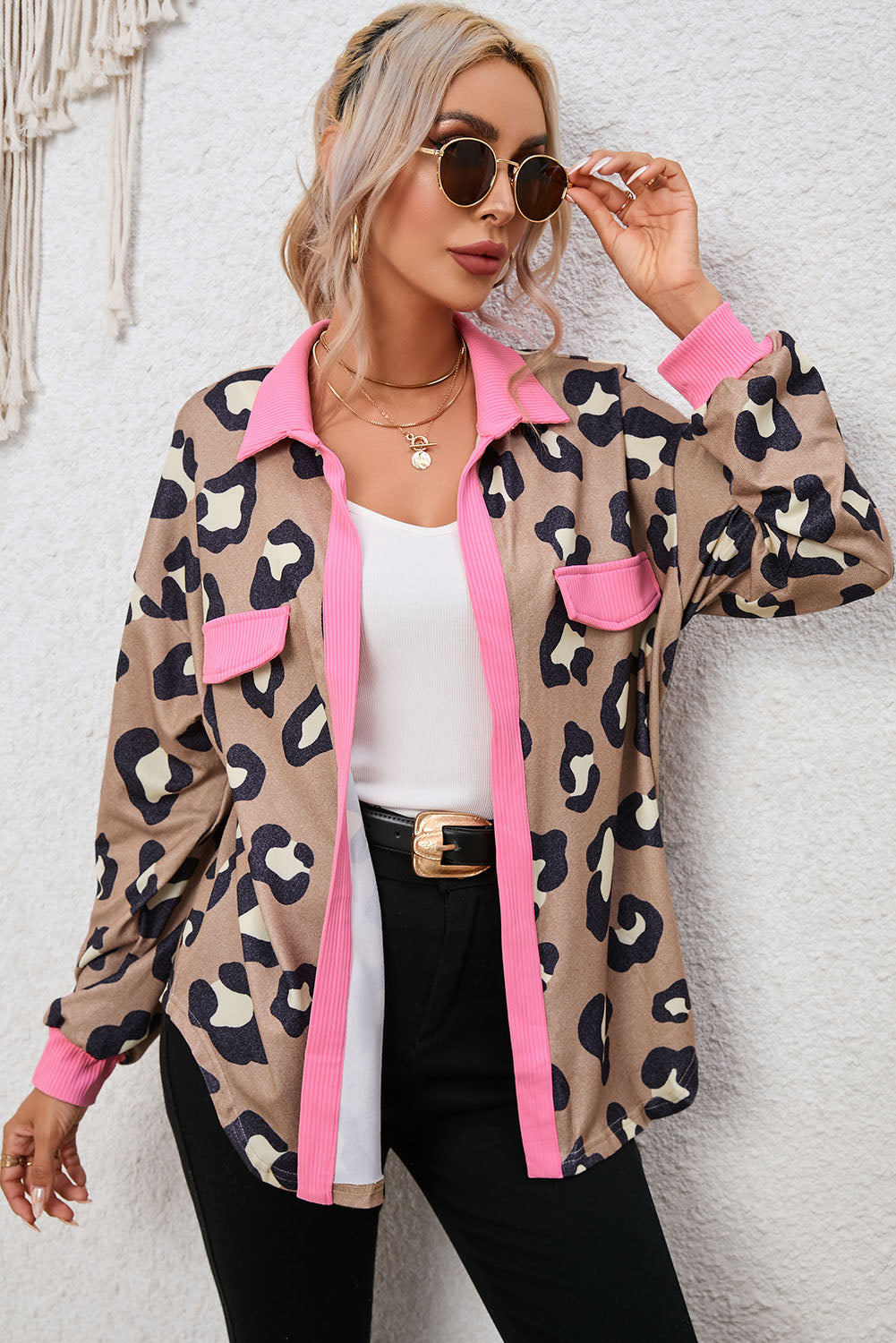 Leopard Collared Drop Shoulder Jacket 