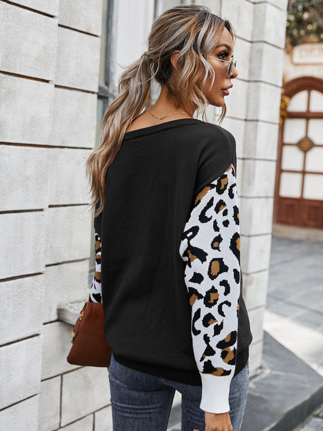 Leopard Round Neck Dropped Shoulder Sweater 