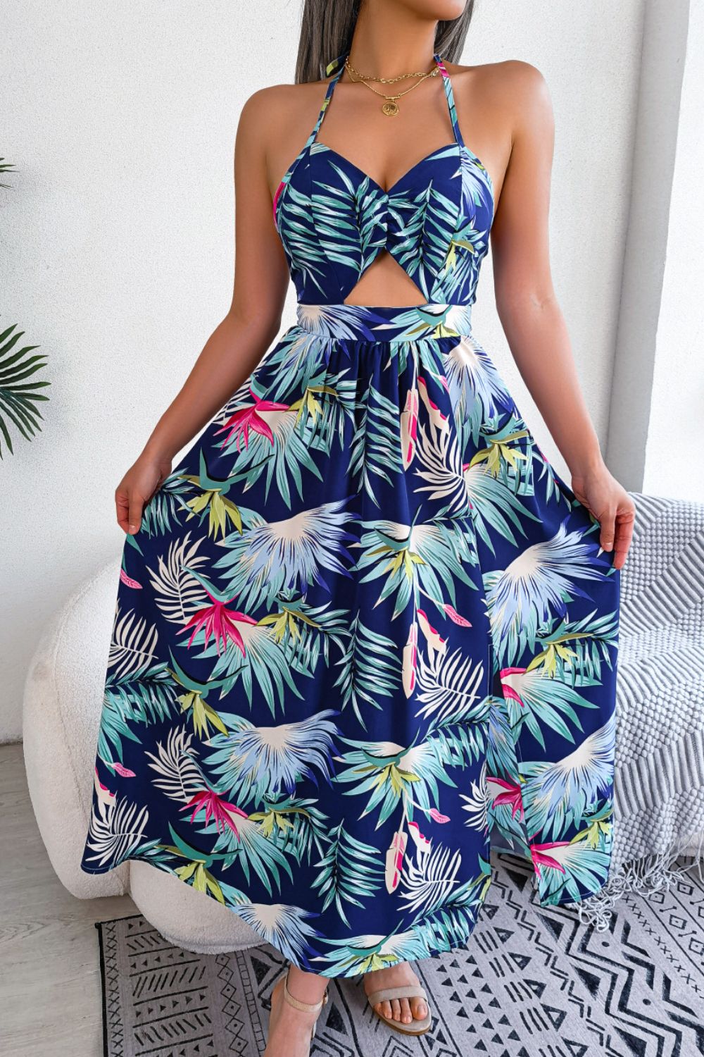 Botanical Print Tied Backless Cutout Slit Dress 