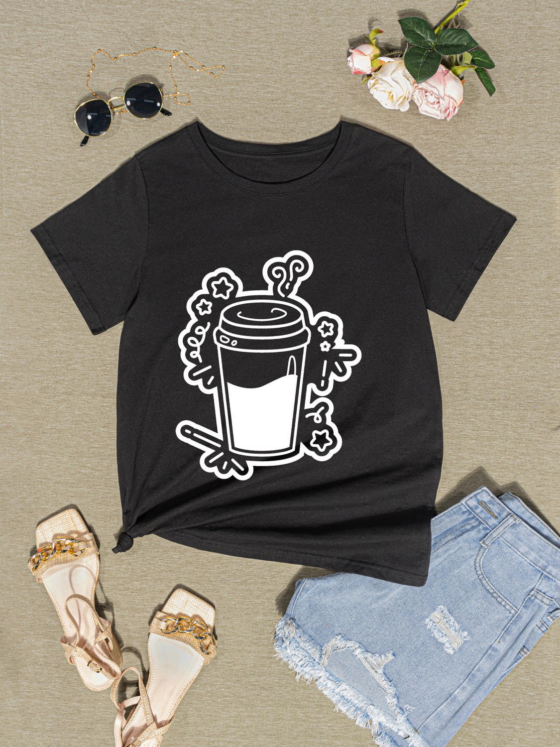 Coffee Round Neck Short Sleeve T-Shirt 