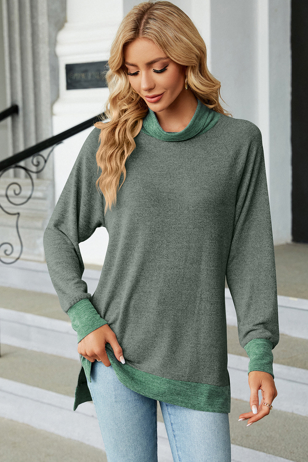 Slit Mock Neck Long Sleeve T-Shirt