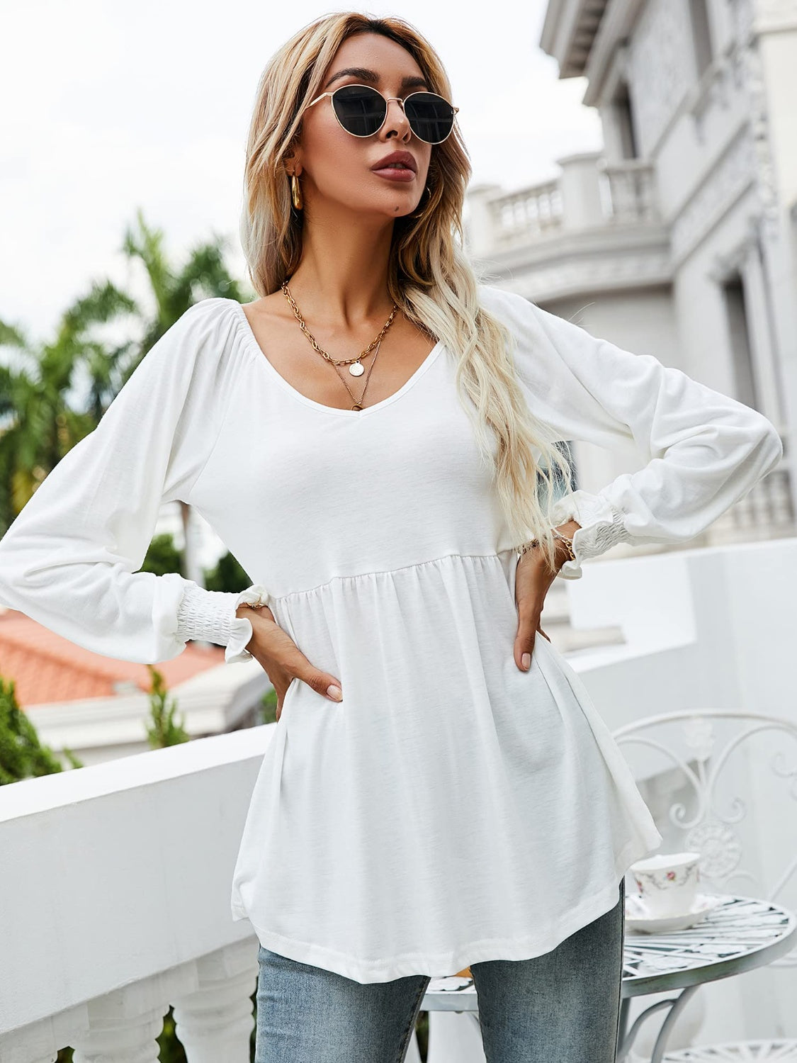 V-Neck Lantern Sleeve Blouse 