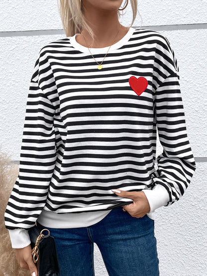 Heart Patch Striped Round Neck Long Sleeve Sweatshirt 