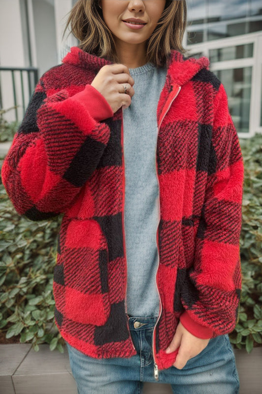 Double Take Full Size Plaid Long Sleeve Hooded Coat 