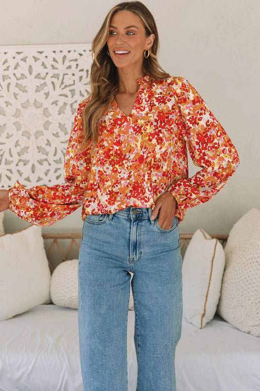 Floral Notched Balloon Sleeve Blouse 