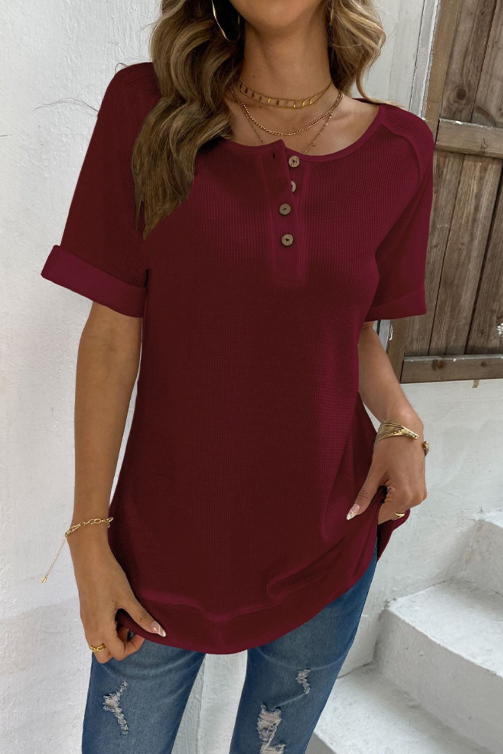 Cuffed Sleeve Henley Top 