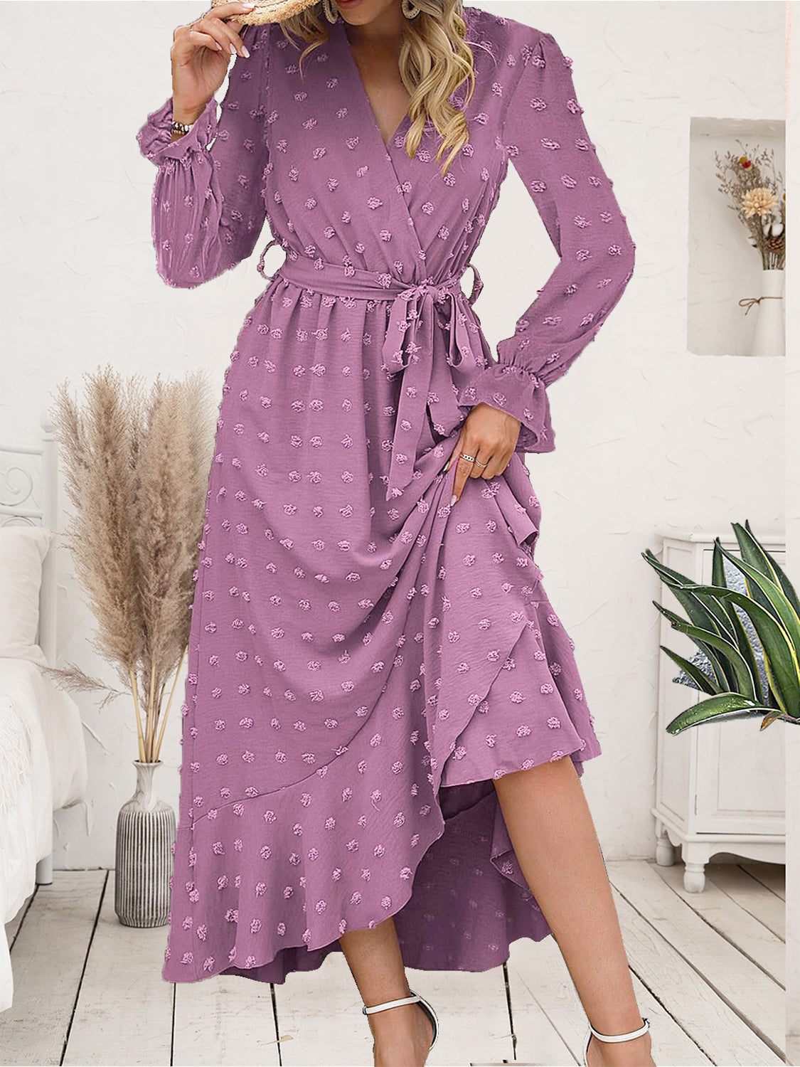 Swiss Dot Tie Waist Flounce Sleeve Dress 