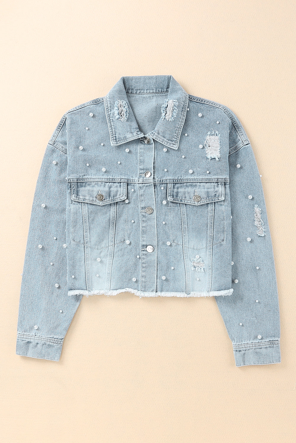 Distressed Pearl Trim Button Up Denim Jacket 