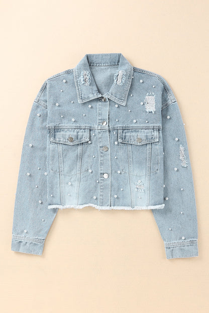 Distressed Pearl Trim Button Up Denim Jacket 