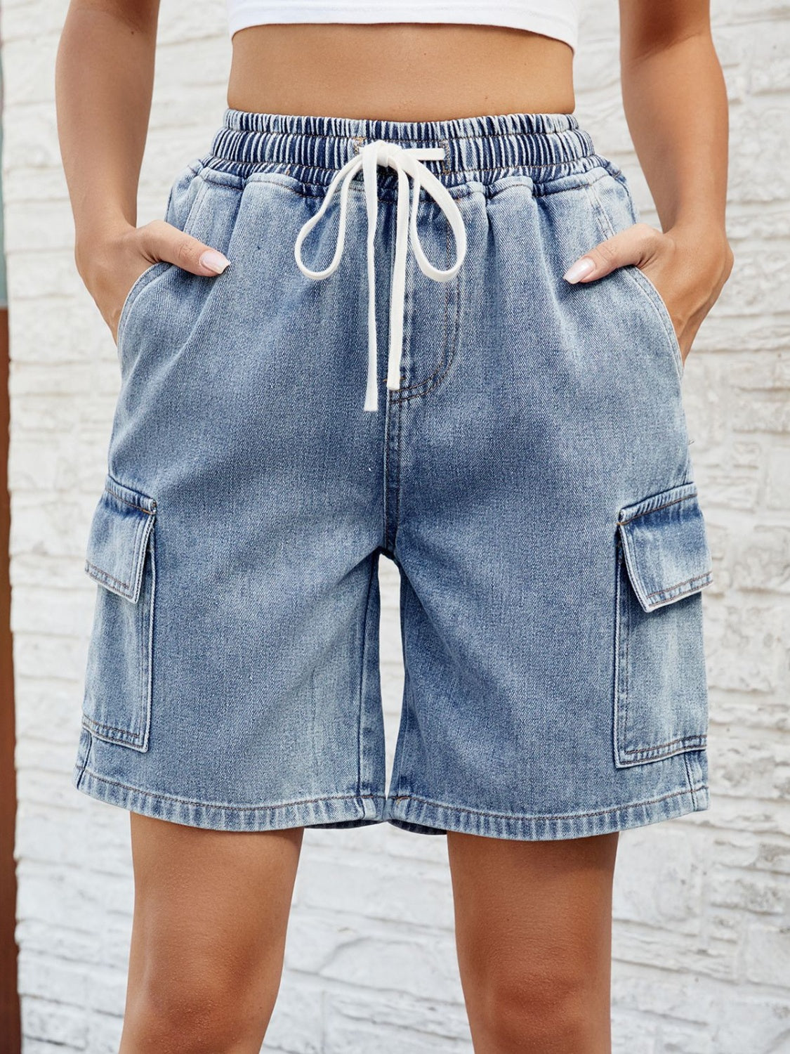 Drawstring Denim Shorts with Pockets 