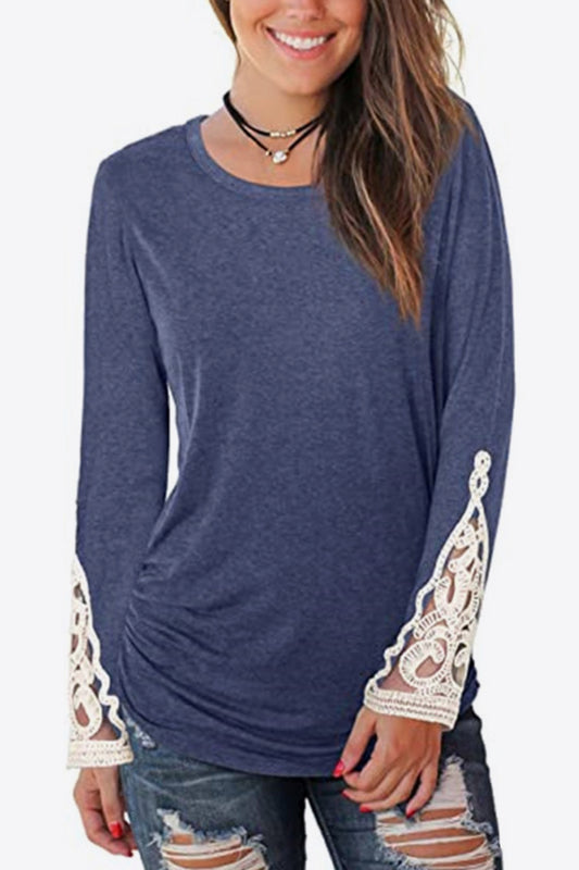 Lace Detail Long Sleeve Round Neck T-Shirt 