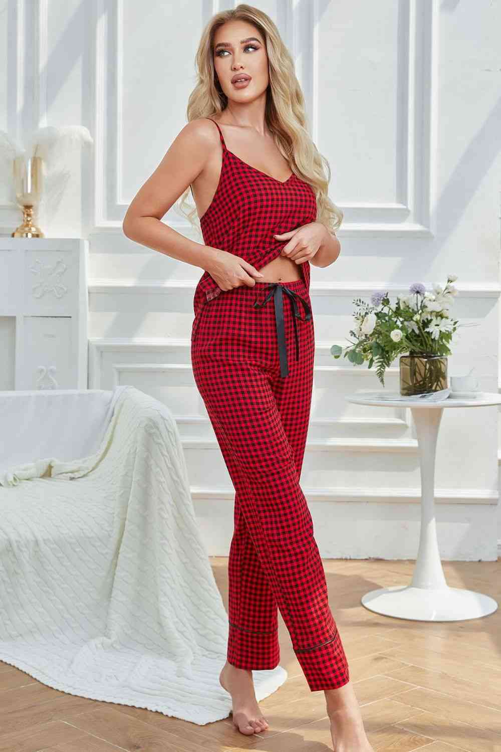 Gingham V-Neck Cami and Tied Pants Lounge Set 