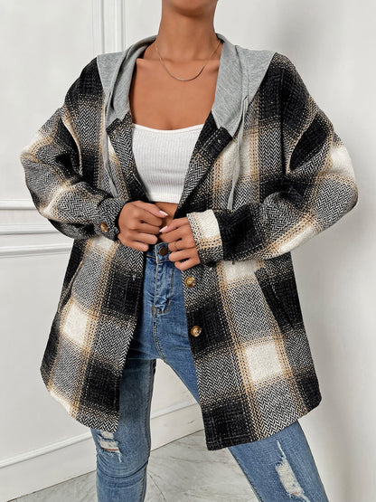 Plaid Drawstring Hooded Jacket 