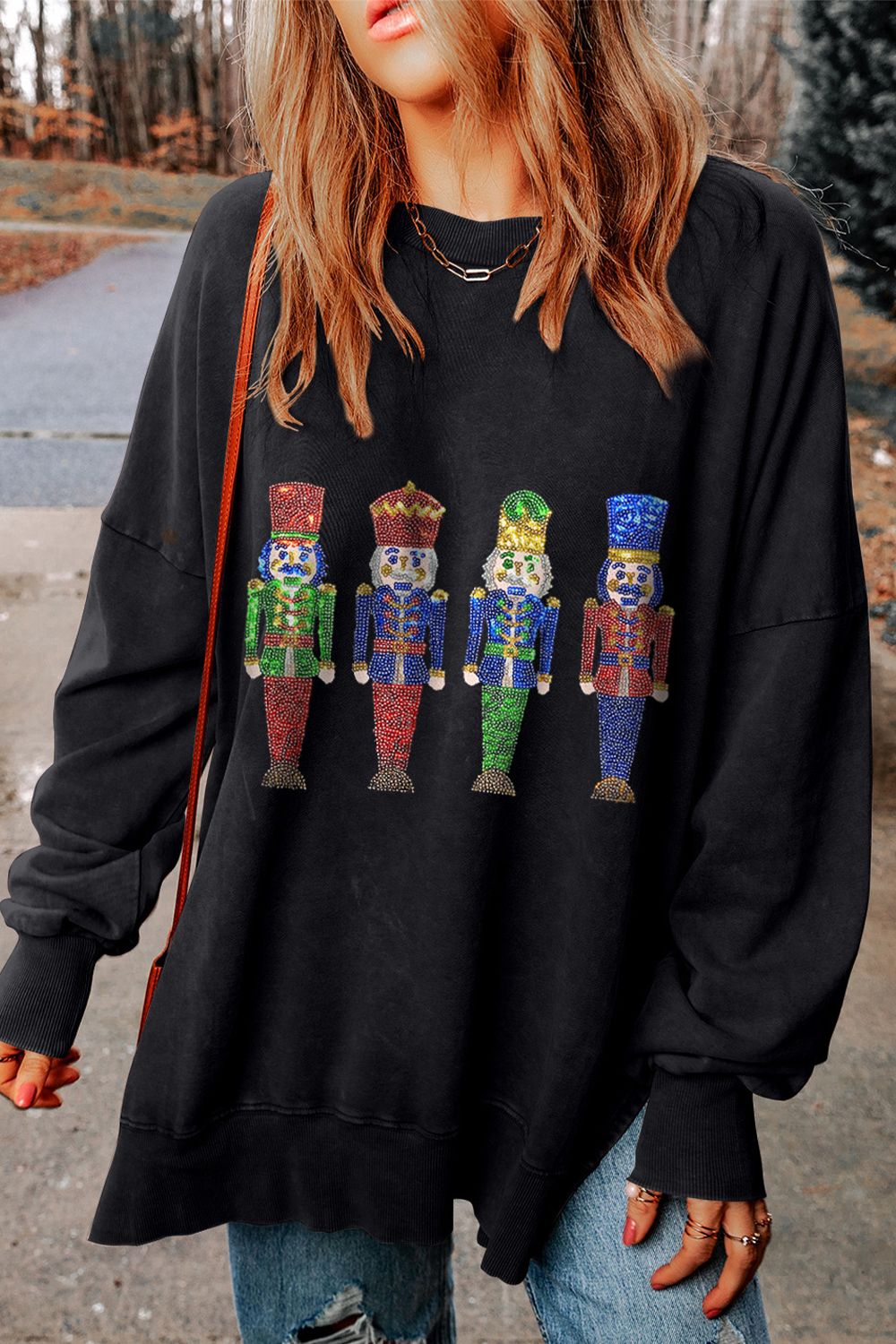 Sequin Nutcracker Long Sleeve Slit Sweatshirt - Babbazon Tops