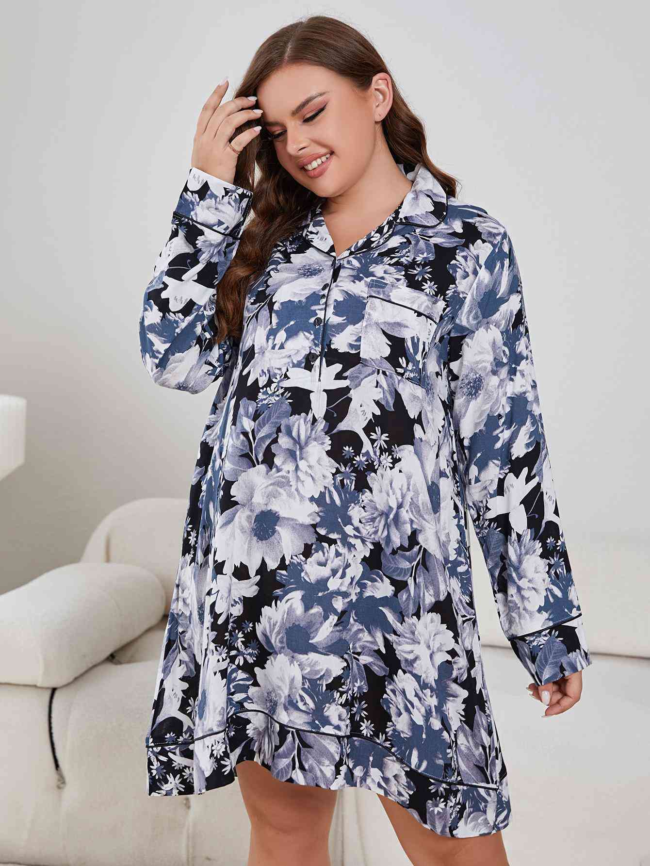 Plus Size Floral Lapel Collar Long Sleeve Night Dress 