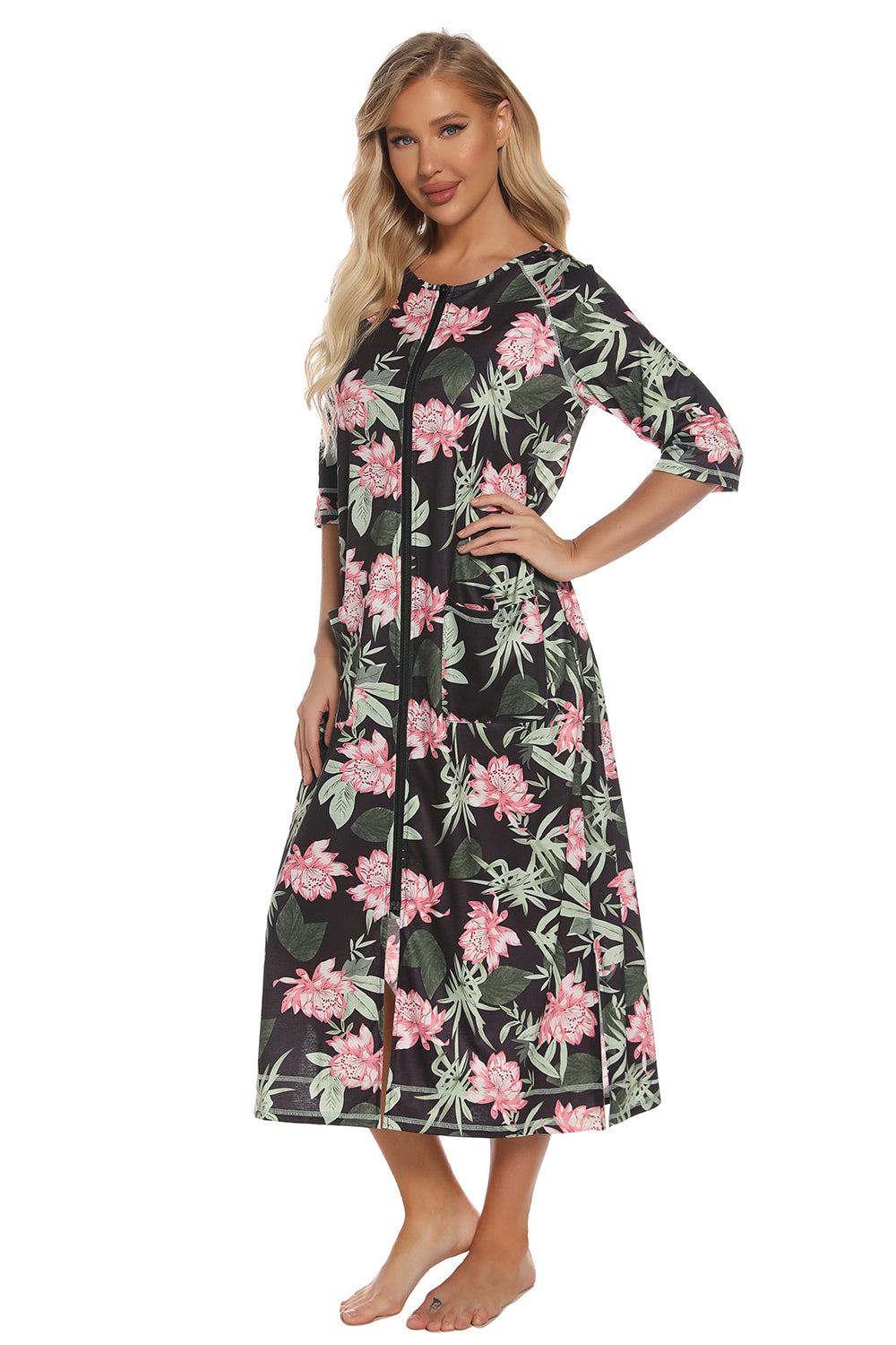 Printed Slit Night Dress with Pockets 