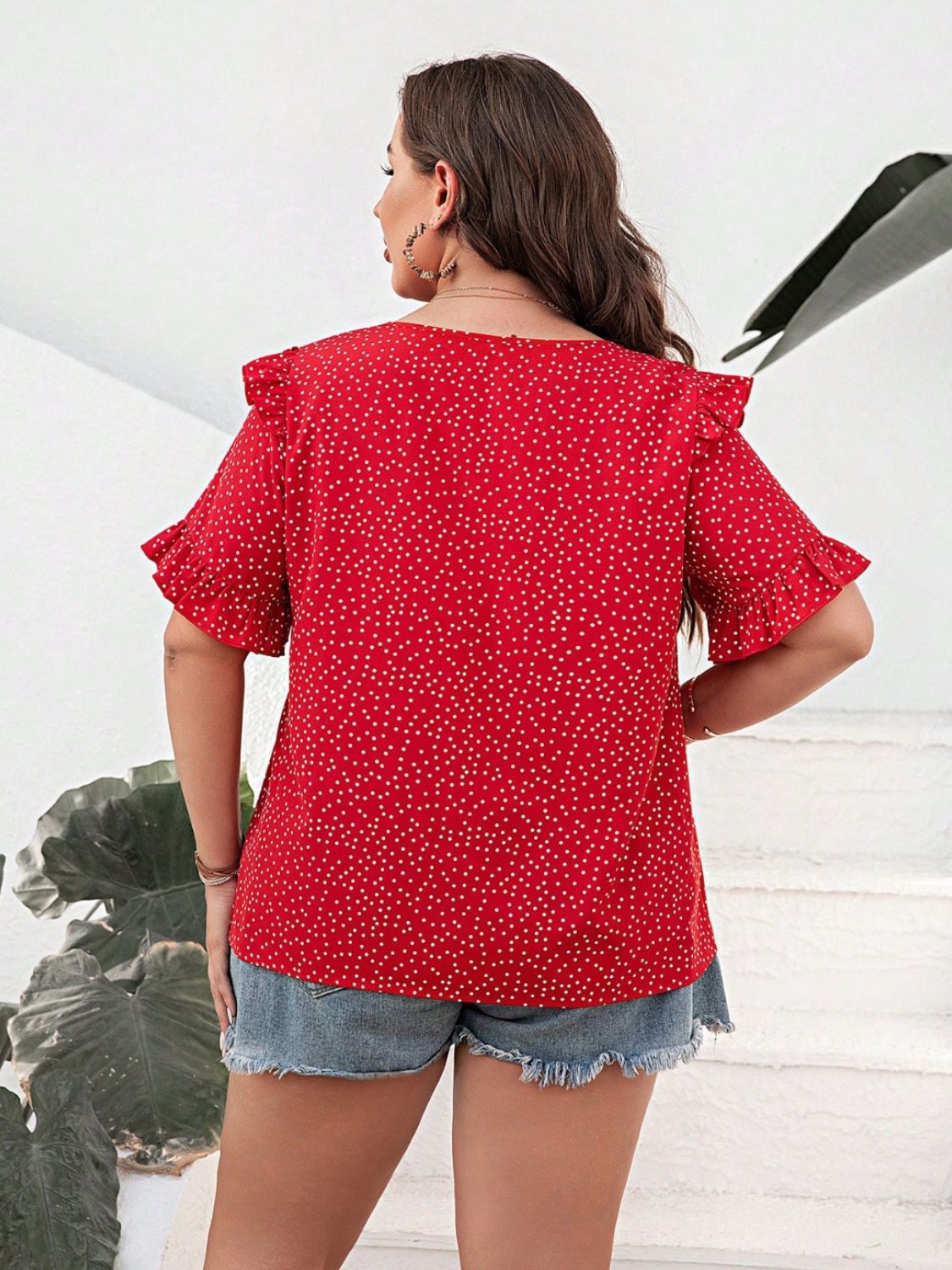 Plus Size Printed Notched Flounce Sleeve Blouse 