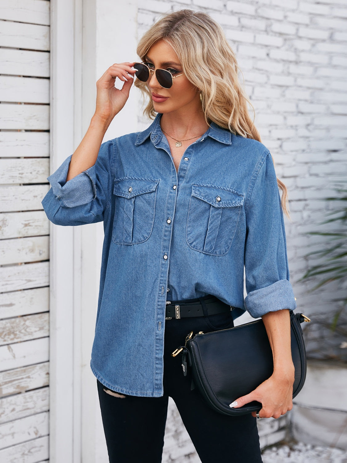 Button Up Collared Neck Denim Jacket 