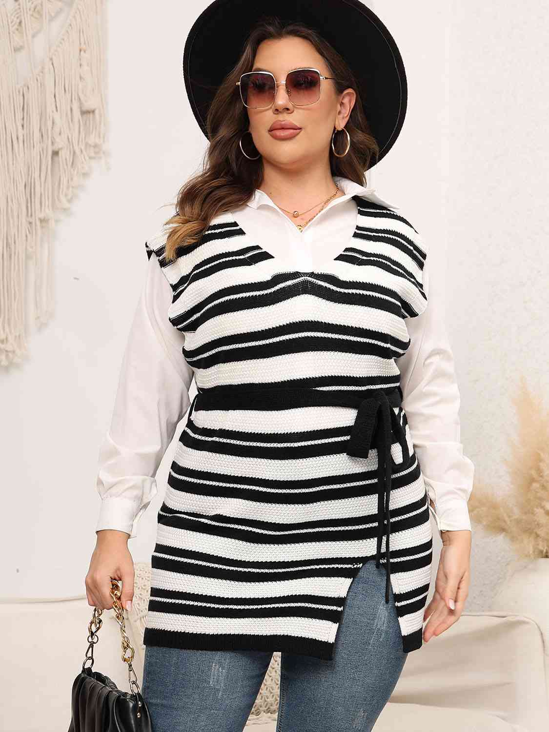 Plus Size Striped Colared Neck Tied Front Sweater Vest 