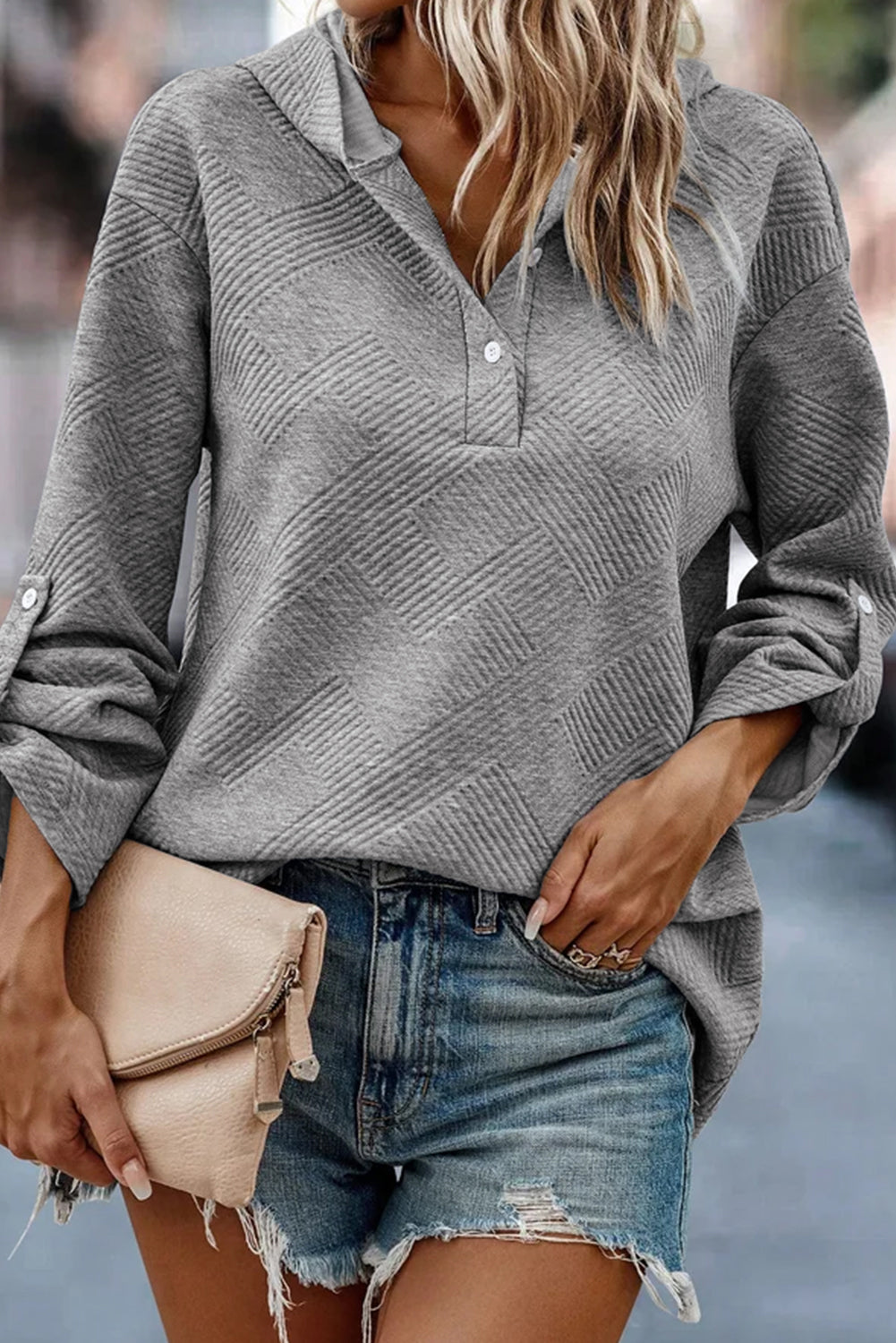 Textured Half Button Dropped Shoulder Hoodie 