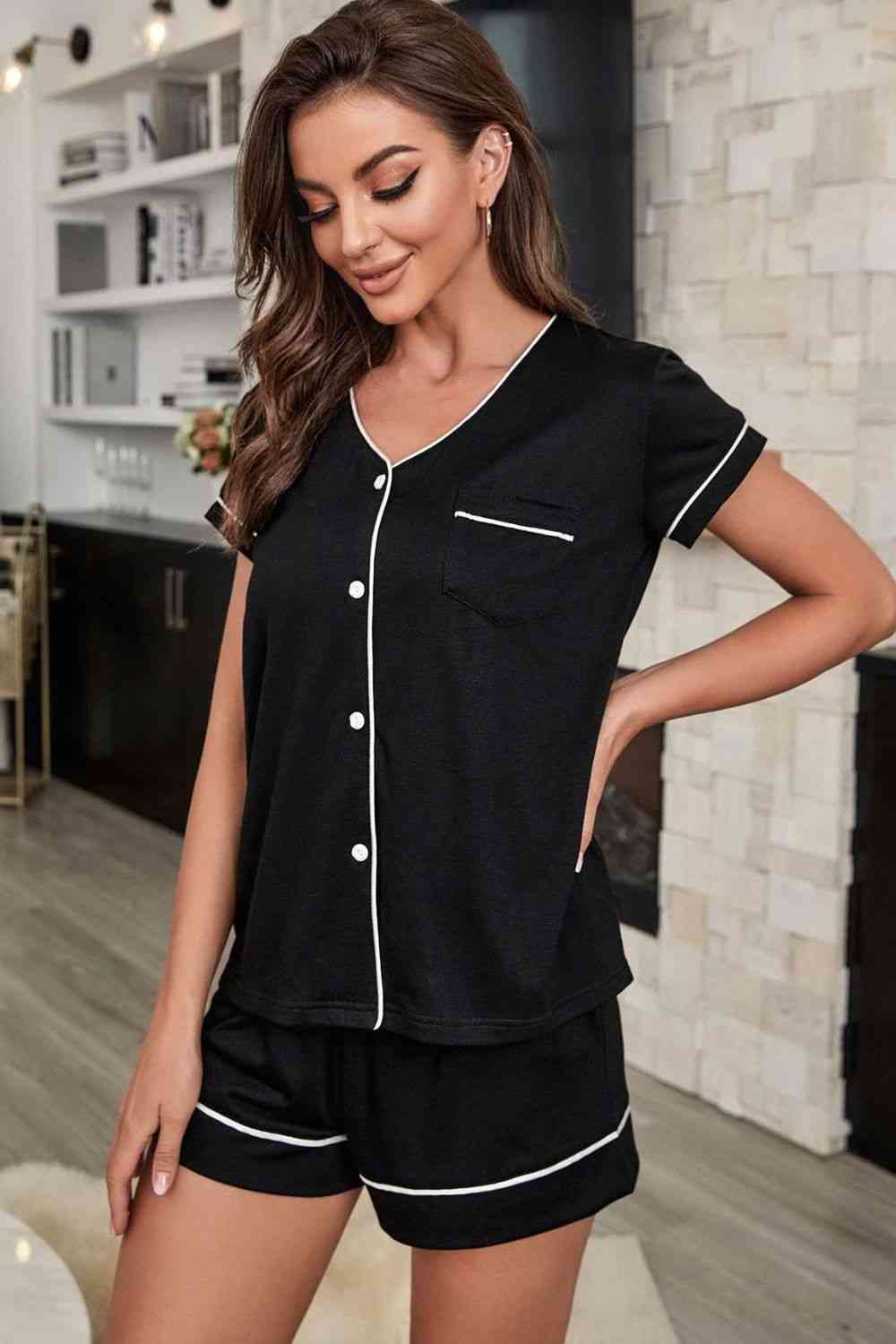 Contrast Piping Button-Up Top and Shorts Pajama Set 